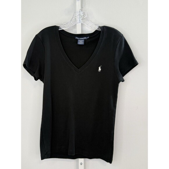 Ralph Lauren Sport Women’s Black V-Neck T-Shirt XL Polo Logo Tee 100% Cotton - Picture 1 of 6